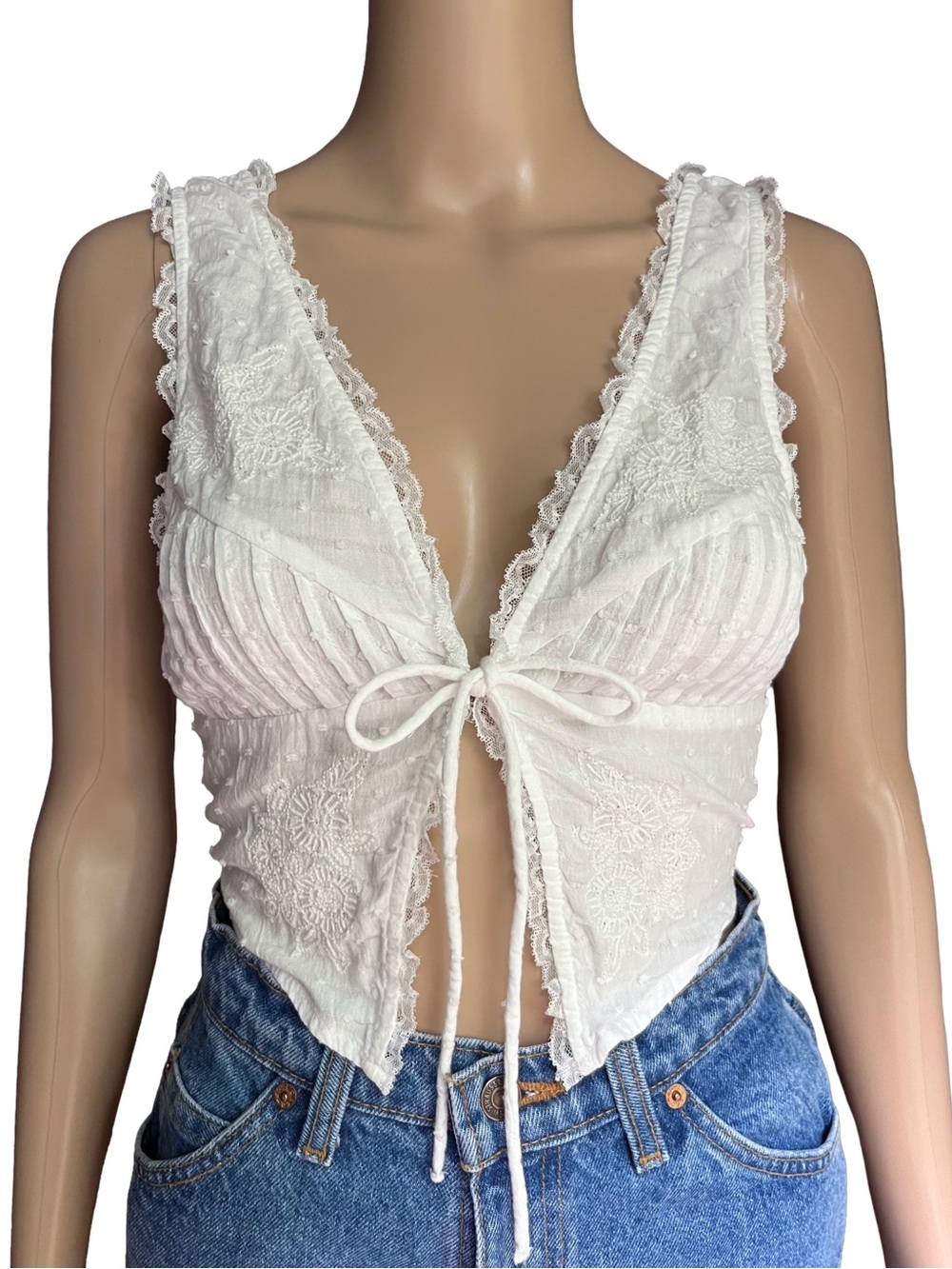 Zara White Cotton Lace Tie Front Crop Top Boho Cottagecore L